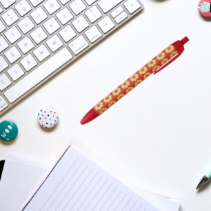 Yellow Dahlia on Red Floral Pattern Black Ink Pen