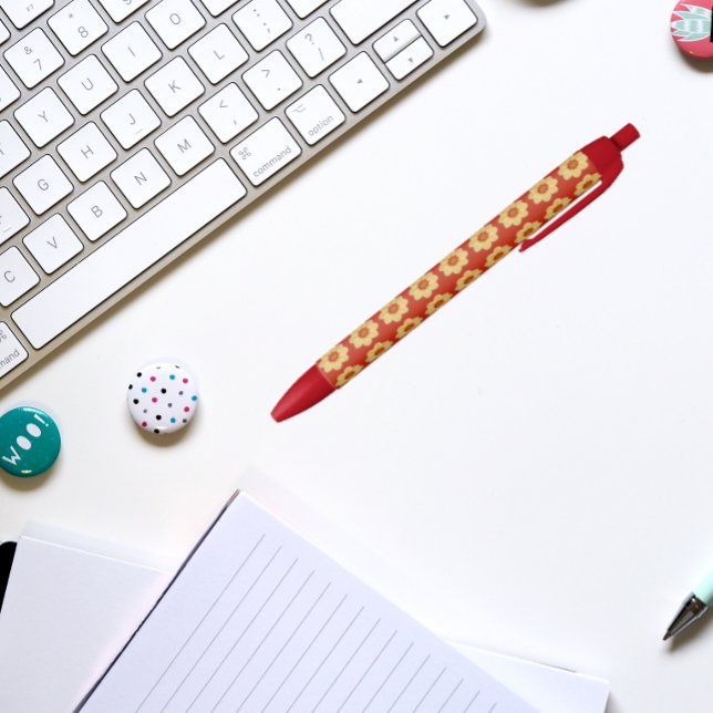 Yellow Dahlia on Red Floral Pattern Black Ink Pen (In Situ)