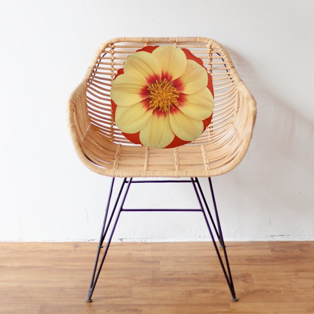 Yellow Dahlia on Red Floral Round Cushion (In Situ)