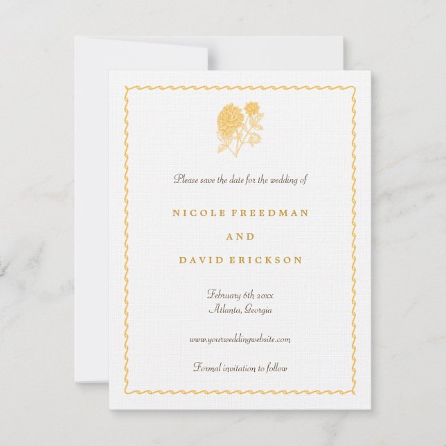 Yellow dahlia save the date wedding announcement (Front)