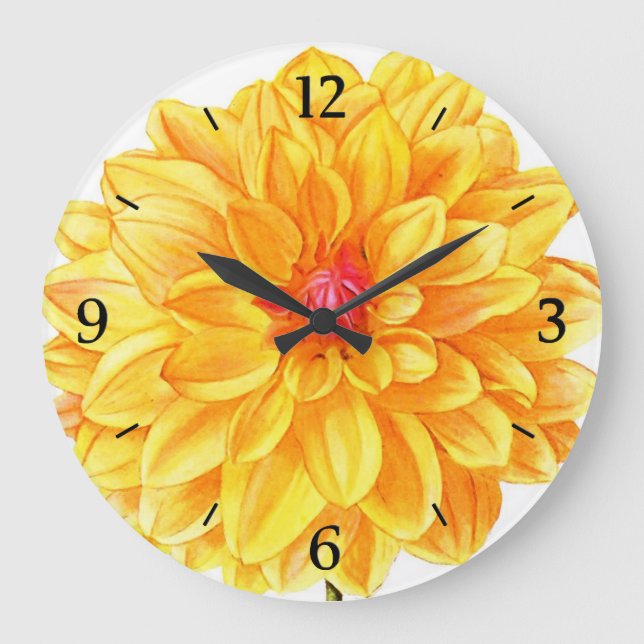 Yellow Dahlia watercolor Large Clock (Front)