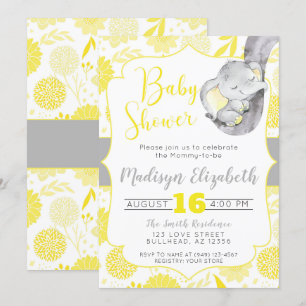 Yellow Dahlias Baby Elephant Boy Baby Shower Invitation