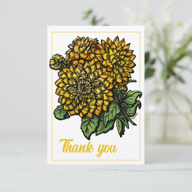 Yellow Dahlias Floral Flat Thank You Card  (Standing Front)