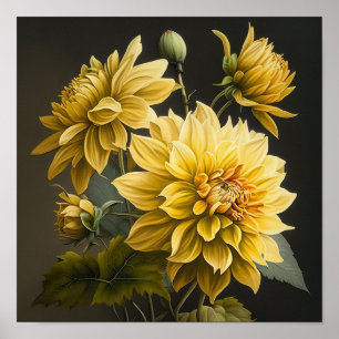 Yellow Dahlias Flower Art Print Poster 