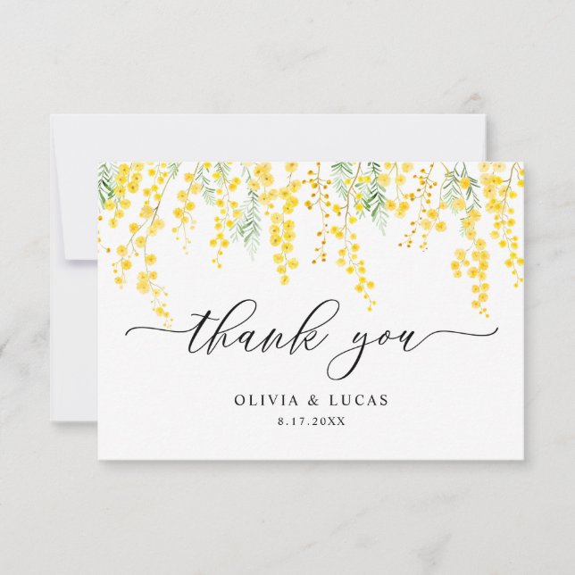 Yellow Dainty Wild Flowers Mimosa Rustic Wedding Thank You Card (Front)