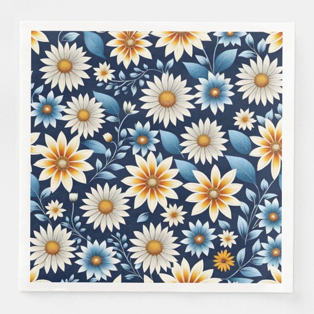 Yellow Daisies and Blue Flower Pattern Napkin (Front)