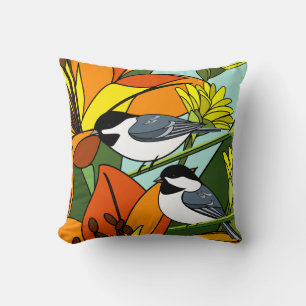 Yellow Daisies and Chickadees Cushion