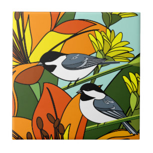 Yellow Daisies and Chickadees Tile