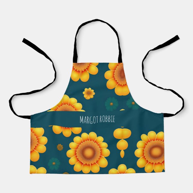 Yellow Daisies Blue Background Botanical Pattern Apron (Front)