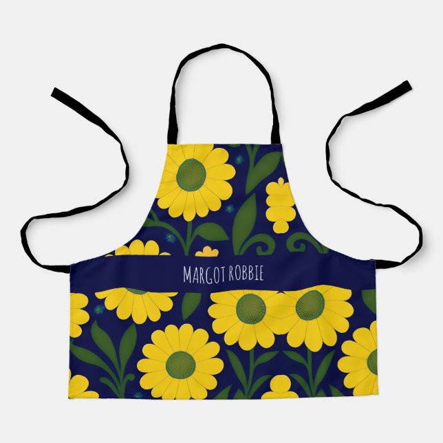 Yellow Daisies Blue Background Floral Pattern Apron (Front)
