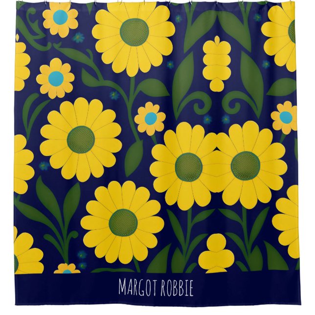 Yellow Daisies Blue Background Floral Pattern Shower Curtain (Front)