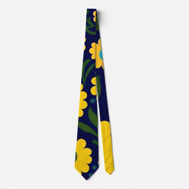Yellow Daisies Blue Background Floral Pattern Tie (Front)