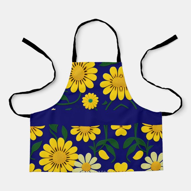 Yellow Daisies Blue Floral Watercolor Pattern Apron (Front)