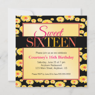 Yellow Daisies Girly Sweet 16 Birthday Invitation