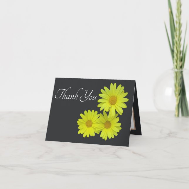 Yellow Daisies Grey Background Thank You Card (Front)
