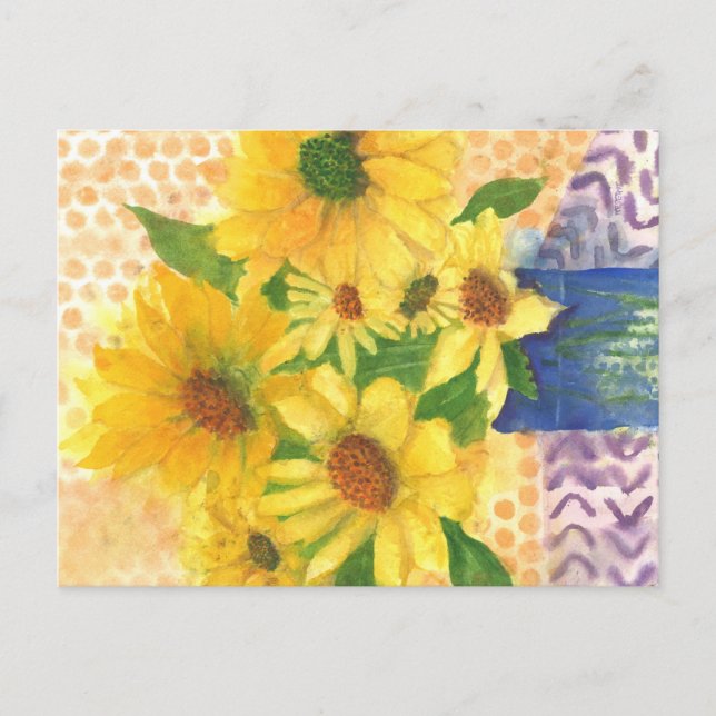 yellow daisies in blue vase postcard (Front)
