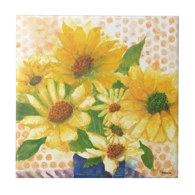 yellow daisies in blue vase tile (Front)