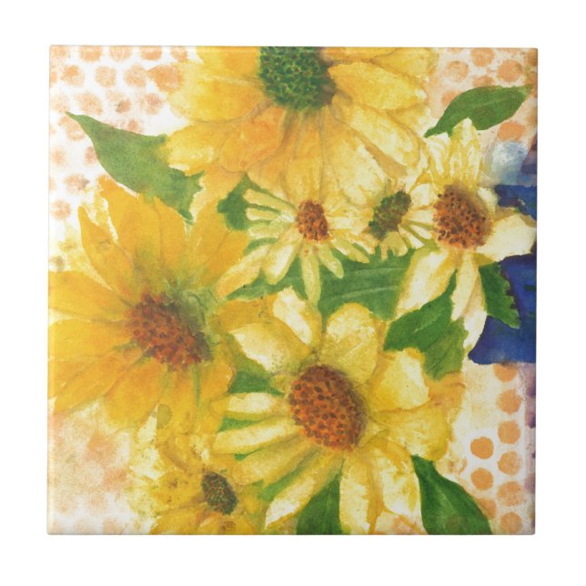 yellow daisies in blue vase tile (Front)