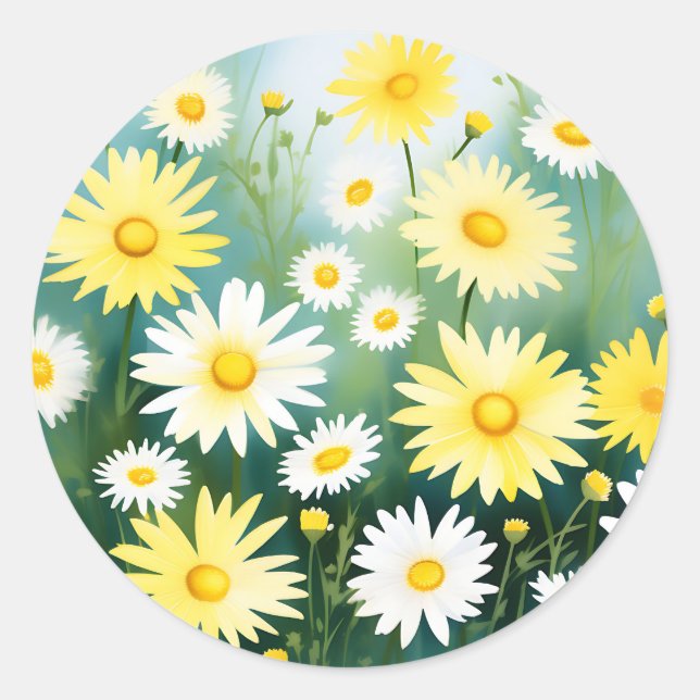 Yellow Daisies Meadow Watercolor Classic Round Sticker (Front)