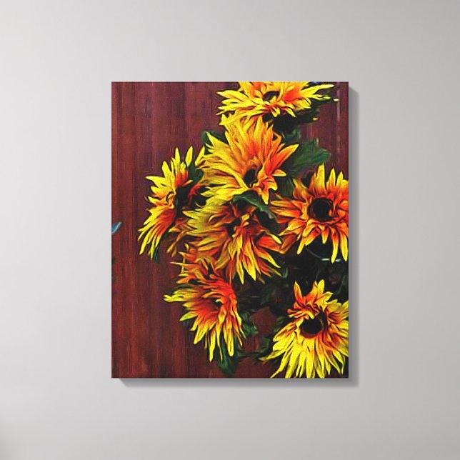 Yellow Daisies on Red Barn Board Canvas Print (Front)