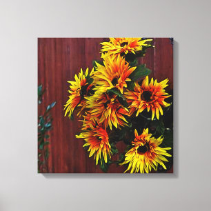 Yellow Daisies on Red Barn Board Canvas Print