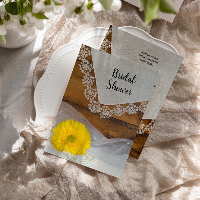 Yellow Daisy and Lace Country Barn Bridal Shower Invitation (Creator Uploaded)