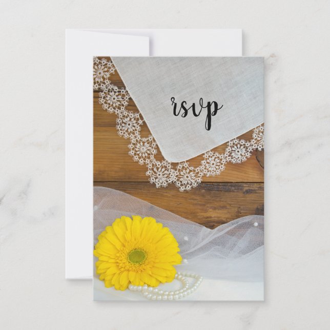 Yellow Daisy and Lace Country Barn Wedding RSVP Card (Front)