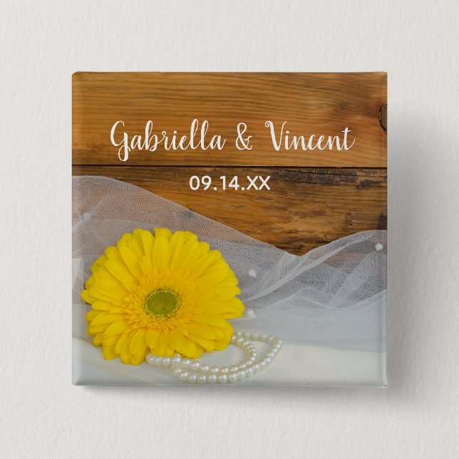 Yellow Daisy and Pearls Country Barn Wedding 15 Cm Square Badge (Front)