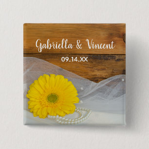 Yellow Daisy and Pearls Country Barn Wedding 15 Cm Square Badge