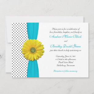 Yellow Daisy Aqua Polka Dot Wedding Invitation