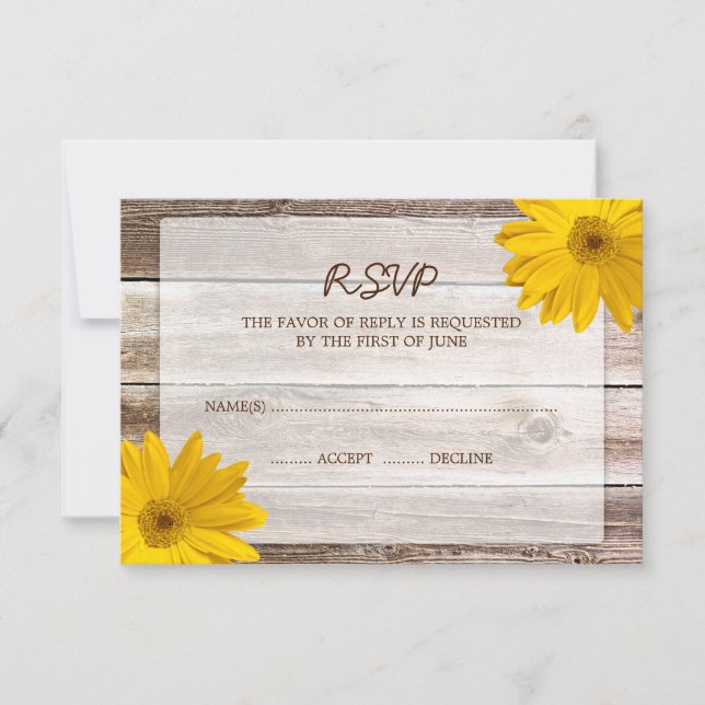 Yellow Daisy Barn Wood Wedding RSVP Response Card (Front)