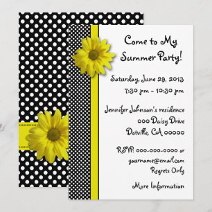 Yellow Daisy Black and White Polka Dots Invitation