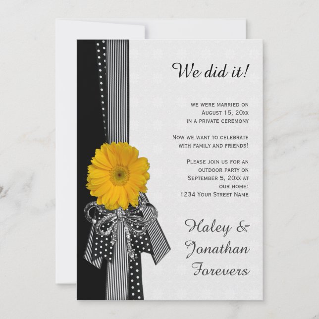 Yellow Daisy Black White Damask Reception Only Invitation (Front)