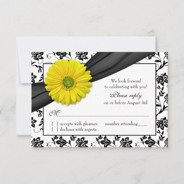 Yellow Daisy Black White Floral Wedding RSVP (Front)