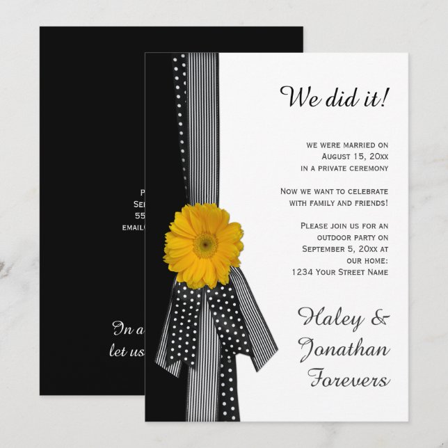 Yellow Daisy Black White Reception Only Invitation (Front/Back)