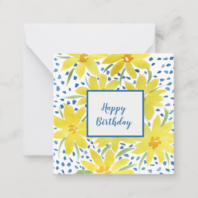 Yellow Daisy Bouquet Blue Dots Birthday Note  Card (Front)