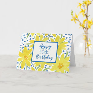 Yellow Daisy Bouquet Blue Dots Custom Birthday Car Card