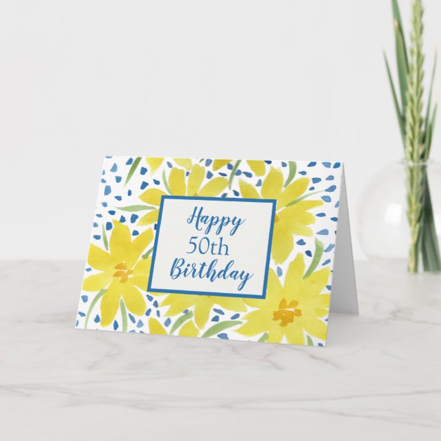 Yellow Daisy Bouquet Blue Dots Custom Birthday Card (Front)