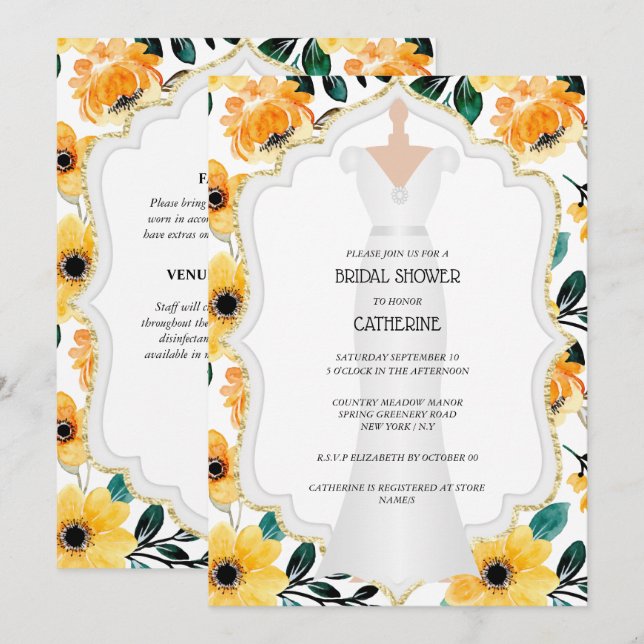 Yellow daisy bride wedding dress floral flower  invitation (Front/Back)