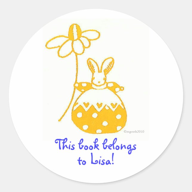 yellow daisy bunny bookplate classic round sticker (Front)