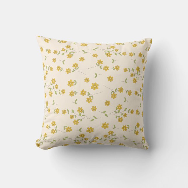 Yellow Daisy Floral Botanical Pattern on Cream Cushion (Front)