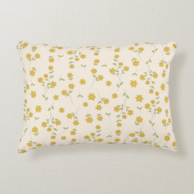 Yellow Daisy Floral Botanical Pattern on Cream Decorative Cushion (Front)