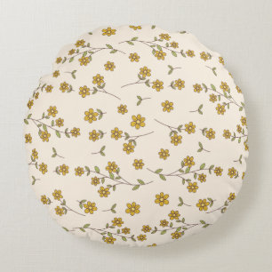 Yellow Daisy Floral Botanical Pattern on Cream Round Cushion