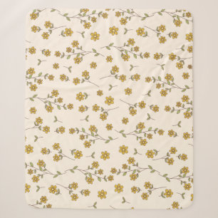 Yellow Daisy Floral Botanical Pattern on Cream Sherpa Blanket