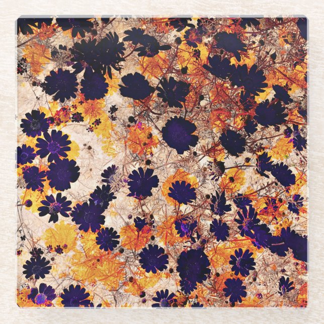 Yellow daisy flower floral pattern digital art glass coaster (Front)