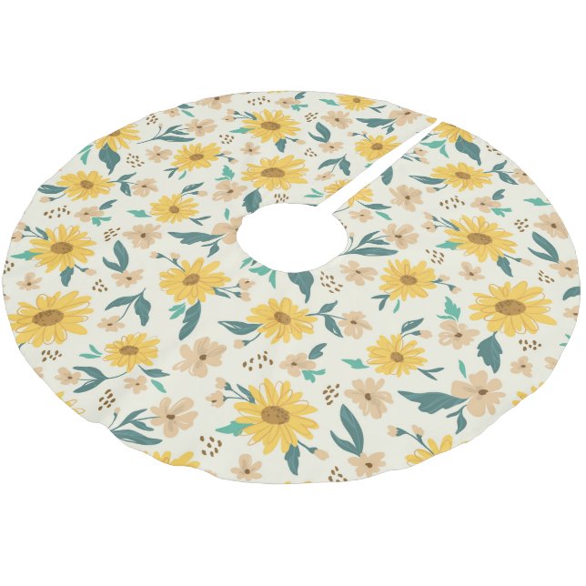Yellow Daisy Flower Pattern Brushed Polyester Tree Skirt (Angled)