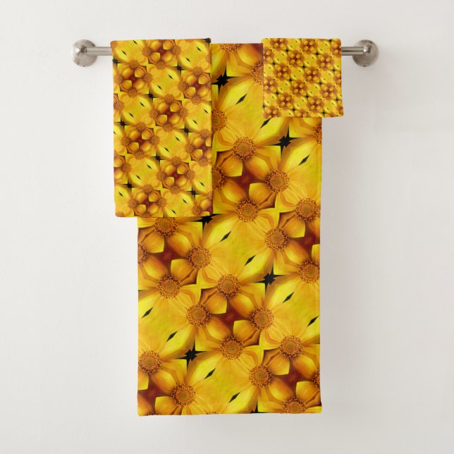 Yellow Daisy Flower Petals And Centre Pattern   Bath Towel Set (Insitu)