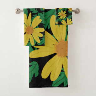 Yellow daisy flowers with green leaves  bath towel