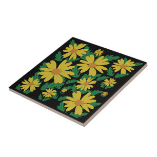 Yellow daisy flowers with green leaves  ceramic ti tile
