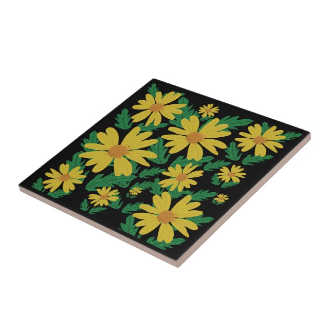 Yellow daisy flowers with green leaves  ceramic ti tile (Side)